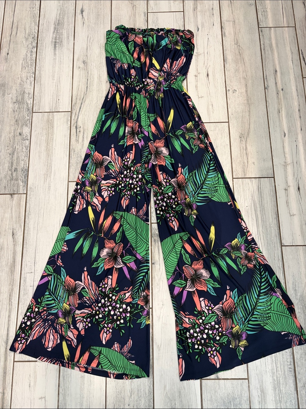 Strapless Tropical Floral Wide-Leg Jumpsuit - Navy with Green & Pink